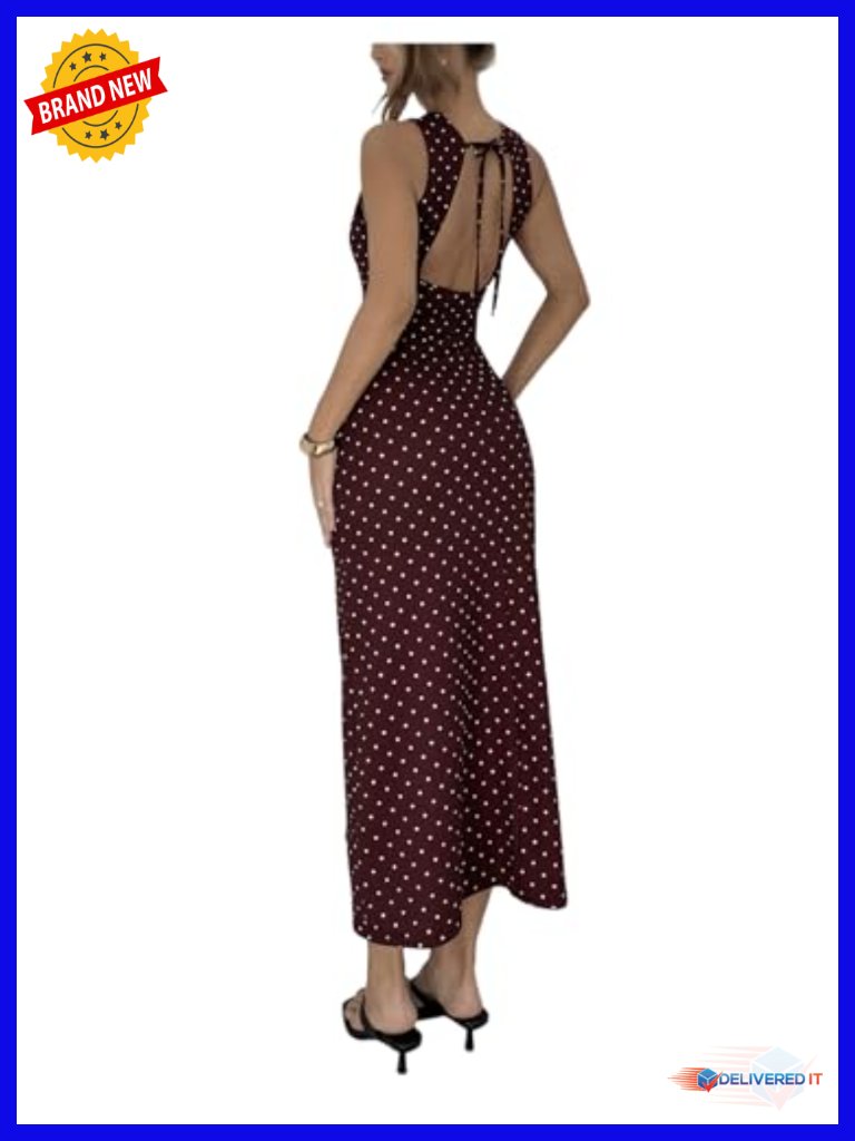 Polka Dot Tie Back Backless Corset Dress Sleeveless Calf Length